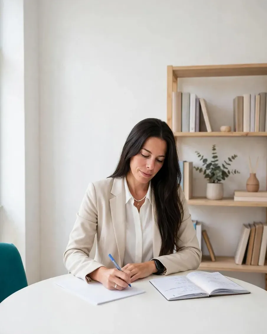 Silvia Suazo escribiendo en un cuaderno en su mesa de trabajo, con una estantería de libros detrás