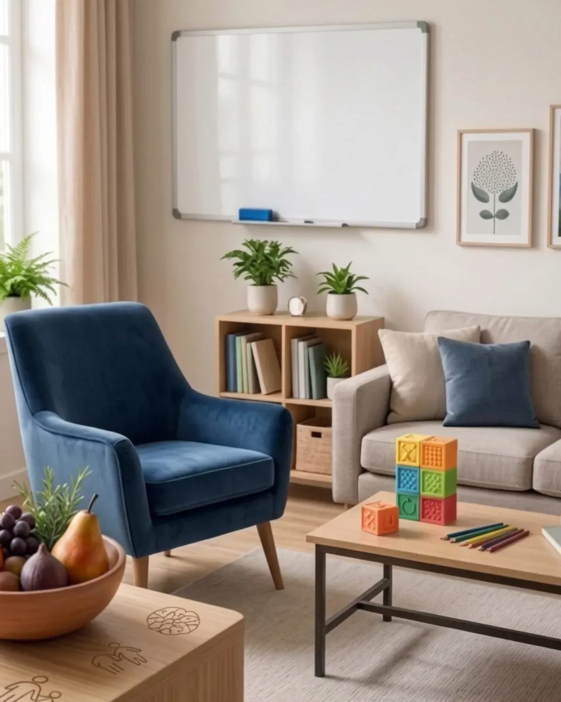 Sala de consulta luminosa con sillón azul, sofá, pizarra, bloques de colores y un frutero