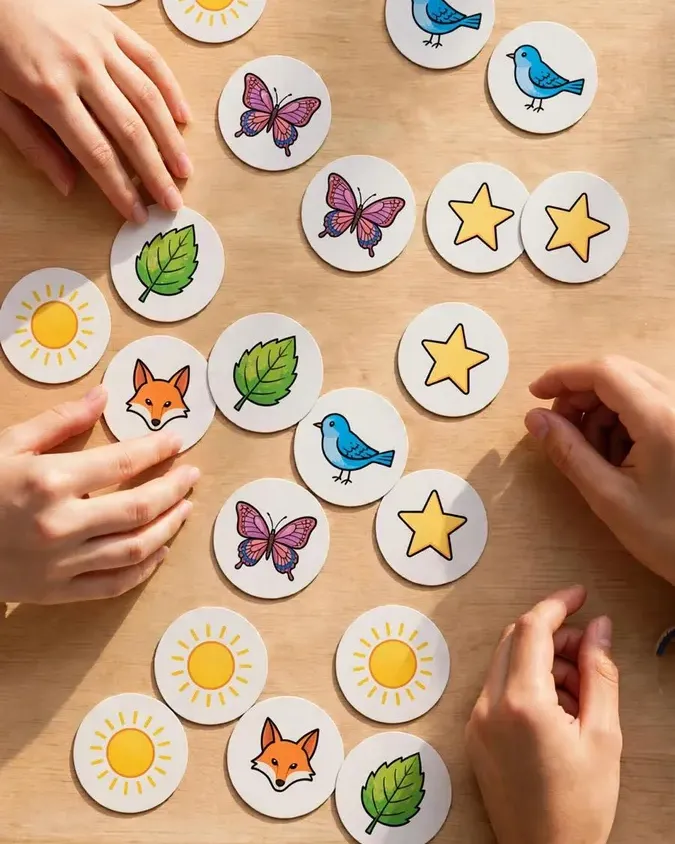 Manos jugando a un juego de memoria con cartas ilustradas de sol, mariposa, pájaro y estrella
