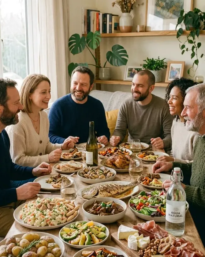 Grupo de adultos sonriendo alrededor de una mesa llena de platos variados