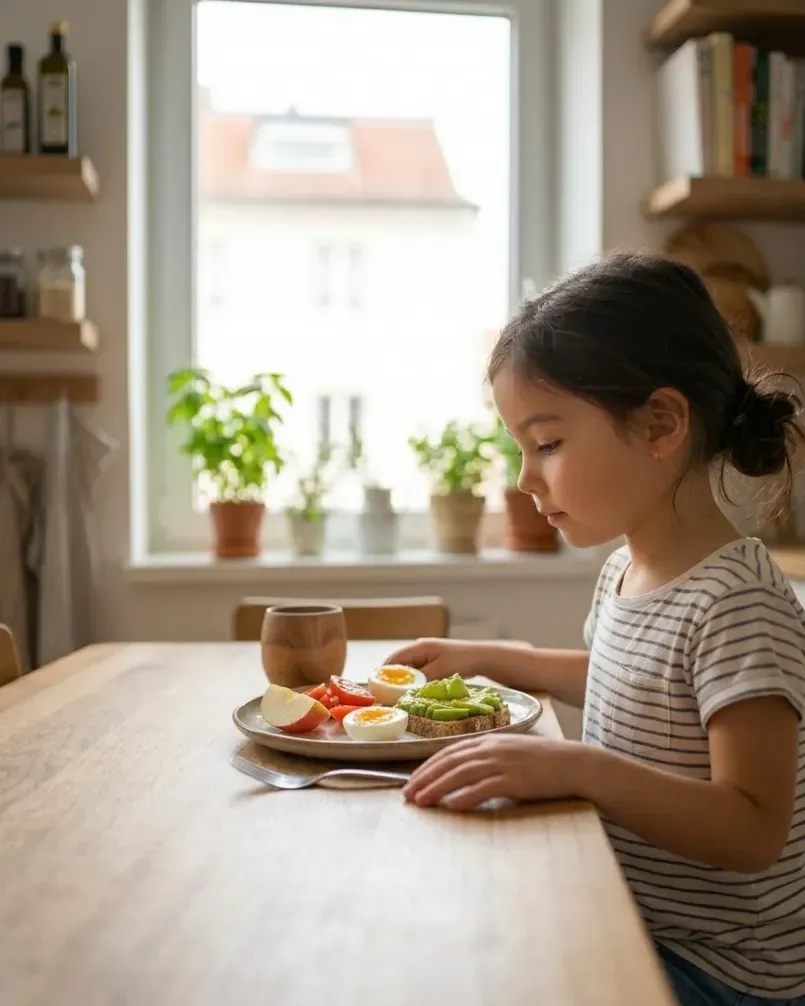 Niña desayunando en la mesa de la cocina un plato con tostada de aguacate, huevo, manzana y tomate