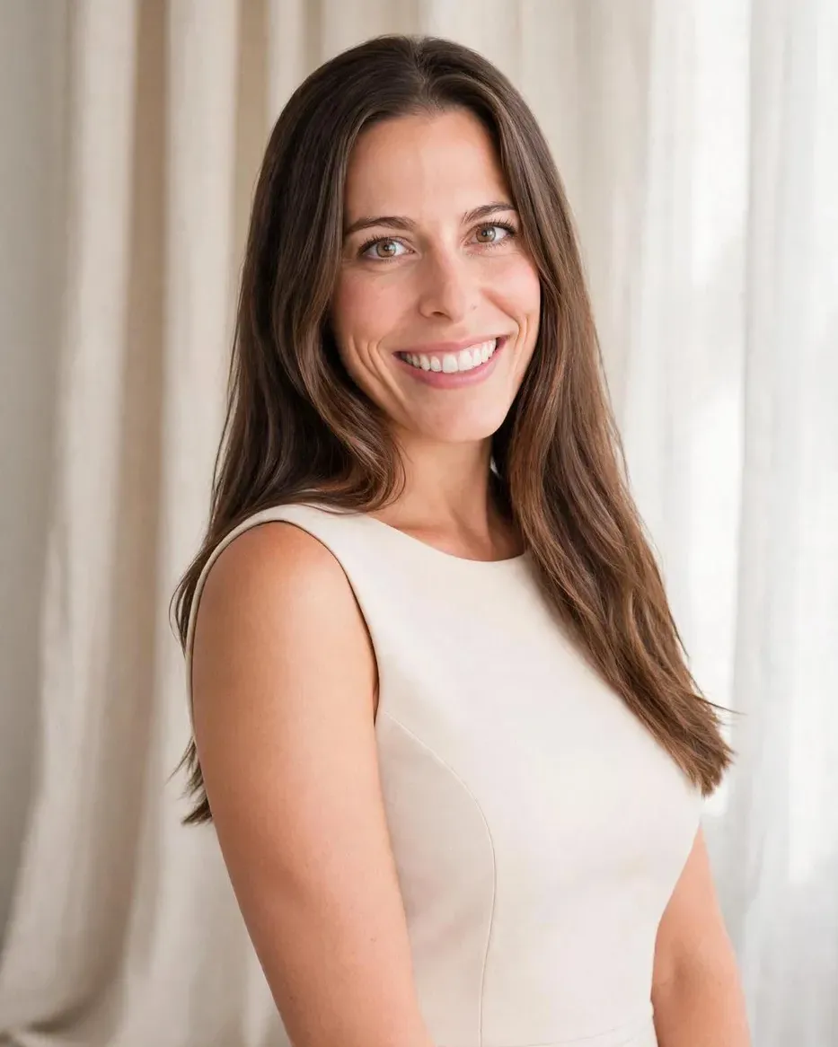 Retrato de Silvia Suazo sonriendo, con vestido claro y cortinas de fondo