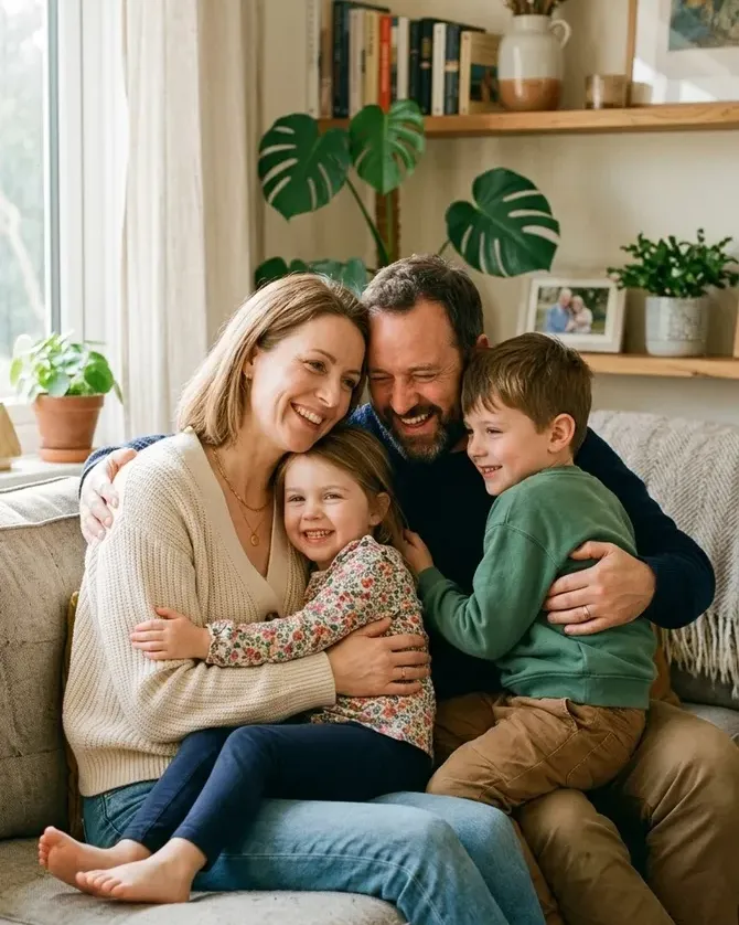 Familia con dos hijos pequeños abrazándose y sonriendo en el sofá de casa